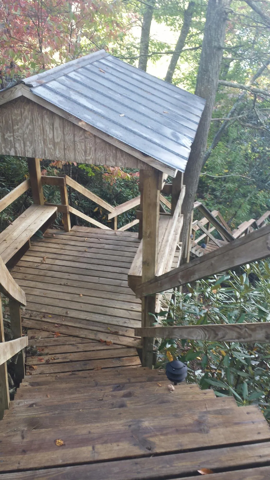 Metal roofed shelter over wooden steps on a wooded walkway — Skylight Repair & Installation work by our crew in Ronks